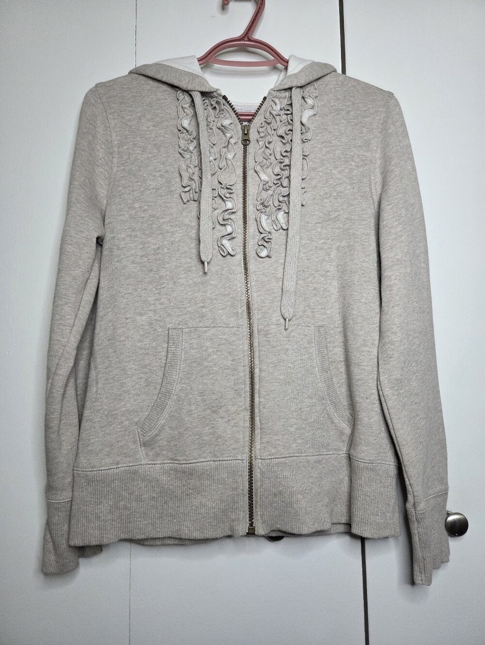 Old Navy Women's M Grey Ruffle Zip Up Hooded Sweater Jacket
